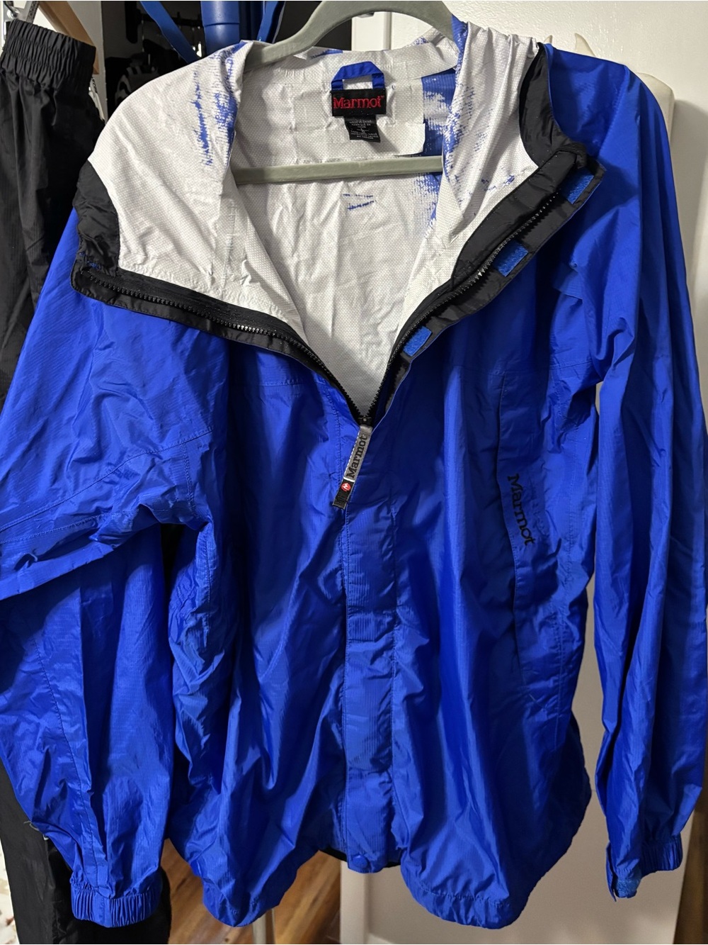 Marmot Royal Blue Lightweight Hooded Rain Jacket with Black Pants